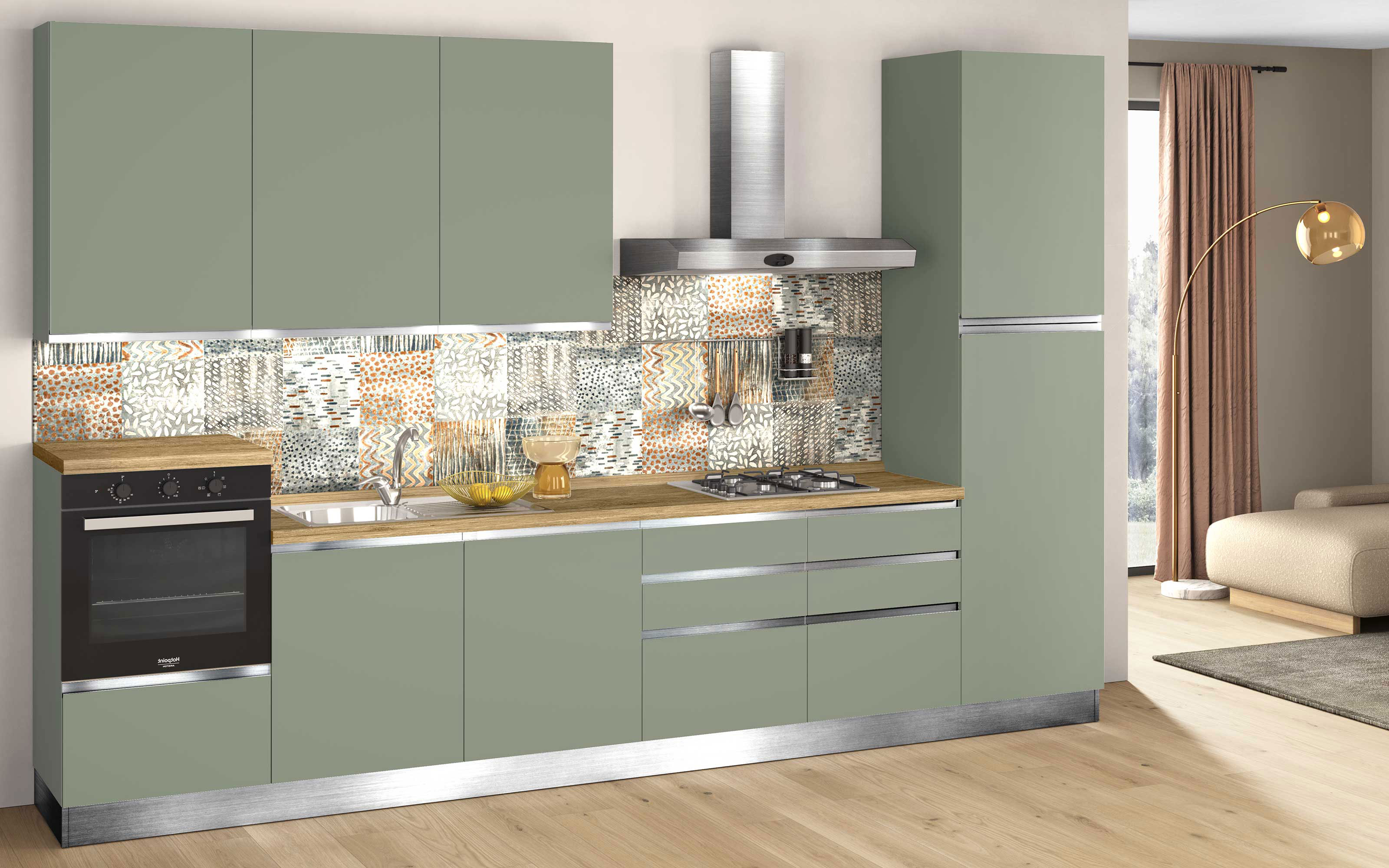 Cucina verde salvia con composizione lunga per i loft più grandi